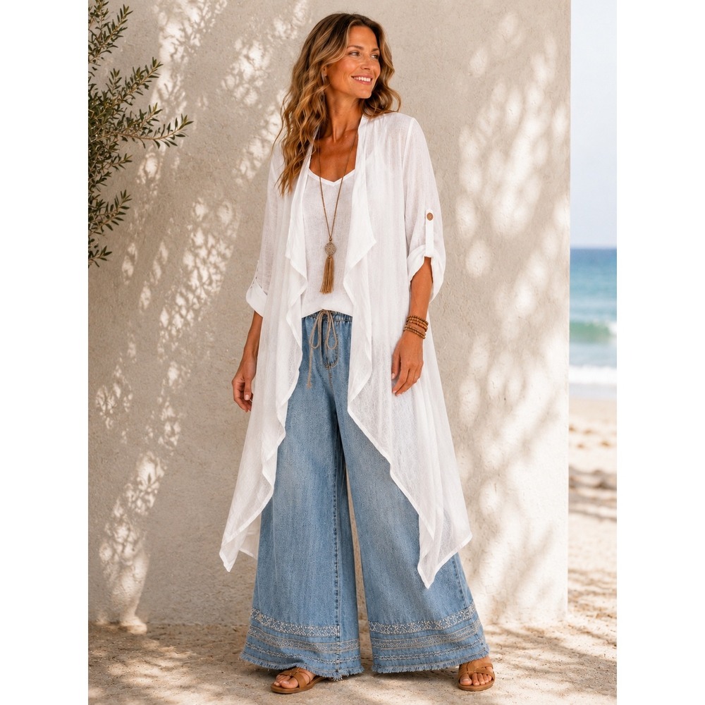 Linen Duster Cardigan M White Linen Roll Tab Sleeve Handkerchief Lagenlook